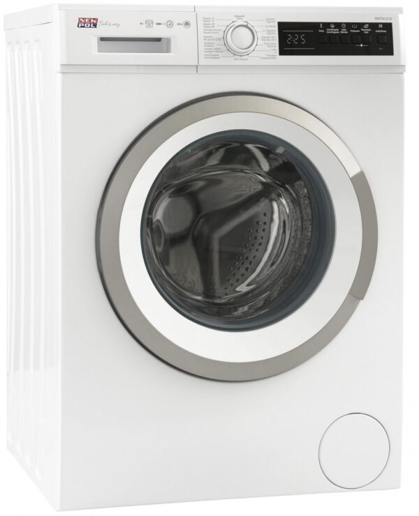LAVADORA NEWPOL NWT21214 BLANCA 12KG 1400RPM DISPLAY CLASE A ANILLO SILVER DIGITAL DRIVE MOTOR WIFI FUNCION VAPOR ANTIALERGICA